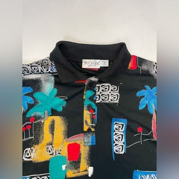 VINTAGE St Croix Knits Abstract Polo Shirt Men Medium Black Short Sleeve USA - Picture 2 of 6